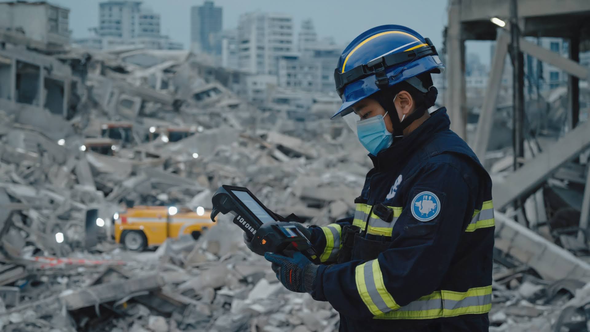 Rescatista con casco azul y mascarilla revisa un dispositivo de detección entre los escombros de un edificio derrumbado.